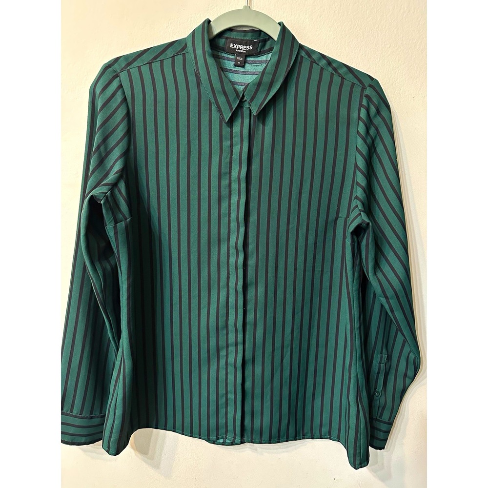 Express Portofino Shirt Womens Medium M Dark Green Black Stripe Button Down Top